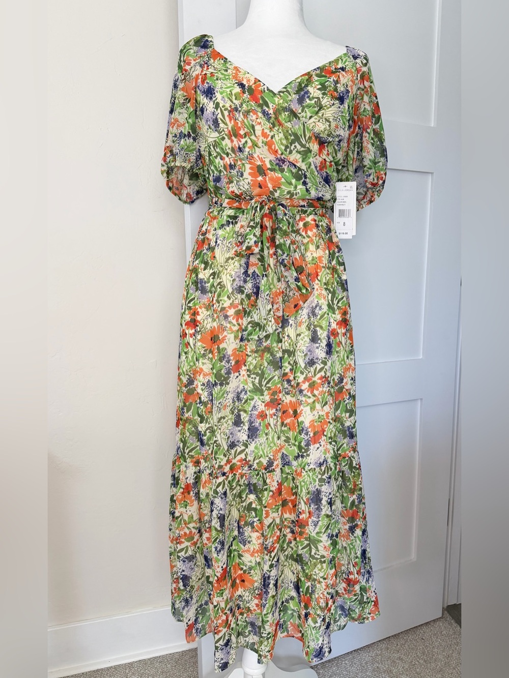Julia Jordan Floral Faux Wrap Puff Sleeve Midi Dress Size 8 NWT